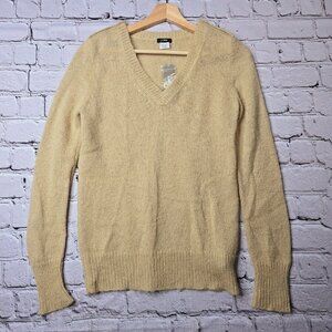 J Crew Wool Mohair Blend Tan Long Sleeve V Neck Crochet Knit Sweater NWT Size S